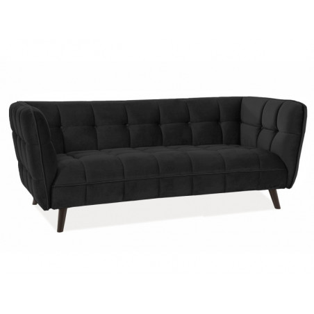 Canapé 3 places en velours matelassé - Noir - Pieds en bois - H 78 cm x l 200 cm x P 85 cm