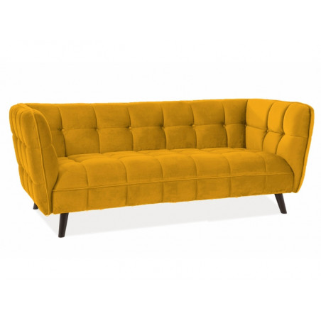 Canapé 3 places en velours matelassé - Jaune - Pieds en bois - H 78 cm x l 200 cm x P 85 cm