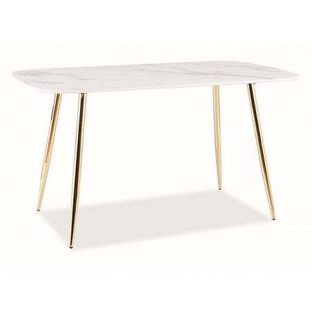Table rectangle effet marbre en bois - Quatres pieds en métal doré - 6 couverts - L 140 cm x P 80 cm x H 75 cm