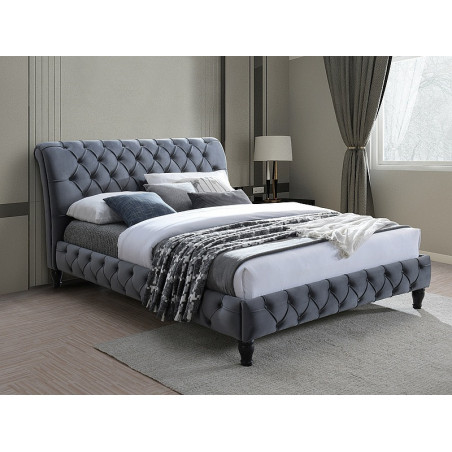 Lit double avec cadre, tete de lit et sommier en velours matelassé - Gris - L 200 cm x l 160 cm