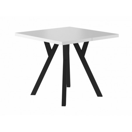 Table extensible en bois - Blanc - Pieds en métal noir - 10 couverts - L 90 cm x l 90 cm x H 76 cm