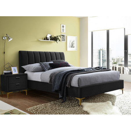 Lit double en velours avec un sommier - Noir - Pieds en metal doré - L 200 cm x l 160 cm