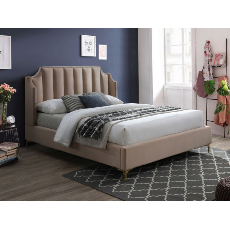 Lit double en velours avec un sommier - Beige - Pieds en métal doré - L 200 cm x l 160 cm