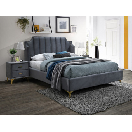 Lit double en velours avec un sommier- Gris - Pieds en métal doré - L 200 cm x l 160 cm