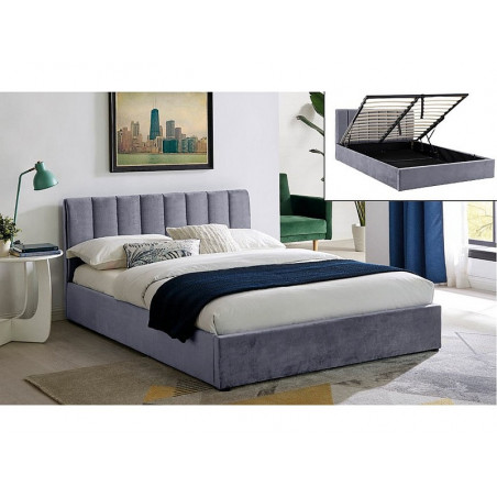 Lit double en velours avec coffre de rangement + sommier - Gris - L 200 cm x l 160 cm