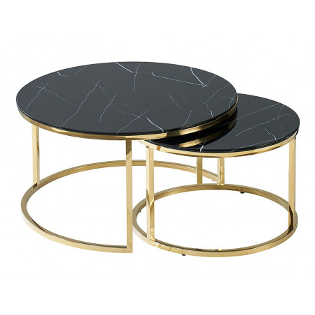 Set de 2 tables gigognes effet marbre en verre - Noir - Pieds en acier doré - H 45 / 40 cm x D 80 / 60 cm.