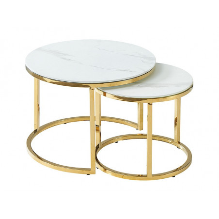 Set de 2 tables gigognes effet marbre en verre - Blanc - Pieds en acier doré - H 45 / 40 cm x D 60 / 45 cm
