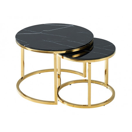 Set de 2 tables gigognes effet marbre en verre - Noir - Pieds en acier doré - H 45 / 40 cm x D 80 / 60 cm