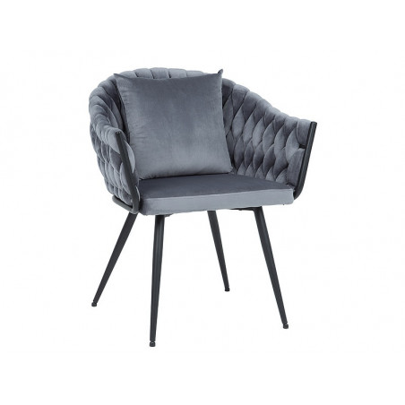 Fauteuil d'appoint en velours effet tressage NUVO avec oreiller - Gris - H 86 x L 62 x P 47 cm