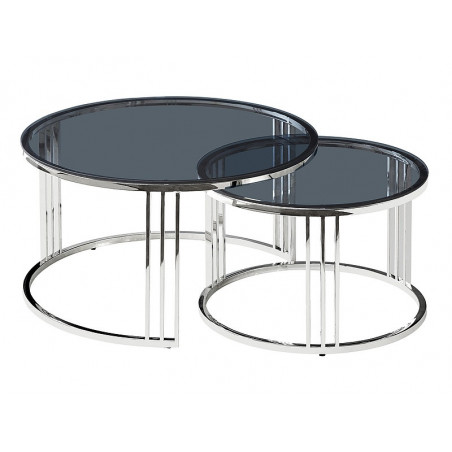 Set de 2 tables gigognes en verre - Noir et argenté - Pieds circulaires en métal - H 45 cm x D 80 cm
