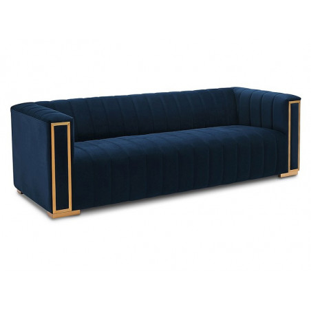 Canapé 3 places design en velours à finition dorée - Bleu marine - L 231 x P 60 x H 71 cm