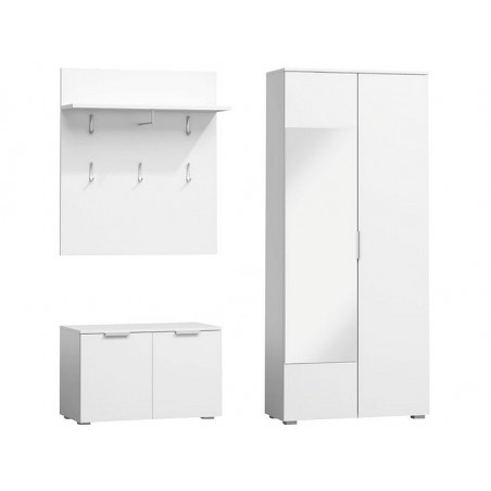 Vestiaire avec une armoire avec miroir + meuble de rangement + 1 étagère + 5 patères - Blanc - H 180 x L 160 x P 45 cm