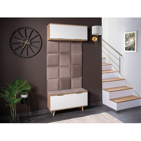 Vestiaire en bois comprenant 2 meubles + 12 panneaux rembourrés en velour - Blanc / Taupe - H 206 x L 90 x P 32 cm
