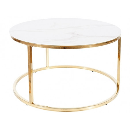 Table basse en verre effet marbre - Blanc et doré - Pieds en métal - H 45 cm x D 80 cm