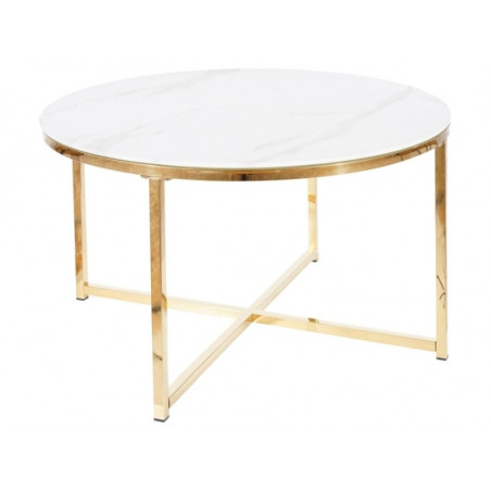 Table basse en verre effet marbre - Blanc et doré - Pieds croisés en métal - H 45 cm x D 80 cm