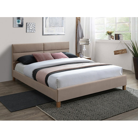 Lit double queen size en velours avec tête de lit rembourré gamme Siera - Sommier inclus - Beige - 160 x 200 cm