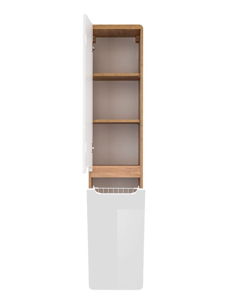Armoire Murale Salle De Bain Avec Panier à Linge - 35x35x170 Cm, 2 Portes, 4 étagères, Couleur Chêne Doré