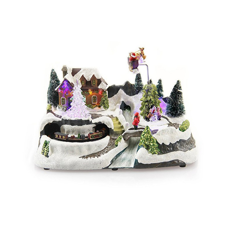 Village de noël animé avec train et traîneau Multicolore L 23,8 x H. 16,1 cm