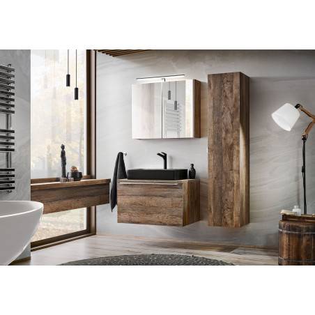 Ensemble salle de bain avec meuble vasque 80 cm + plateau + cabinet miroir + colonne - Rosario Oak