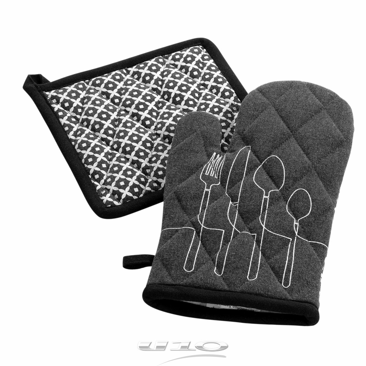 Ensemble Gant de cuisine et manique en coton gris clair - Torchons, gants  ,maniques - Décomania