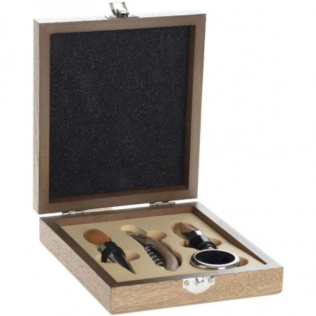 Coffret sommelier avec tire bouchon + bouchon + bouchon verseur + bague - Bois et Inox