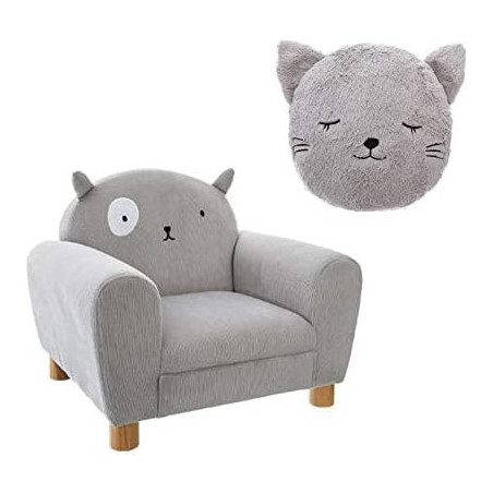 Fauteuil oreilles de chat pour enfant + coussin rond tête de chat en tissu - Gris - L 51 x P 42,5 x H 44 cm