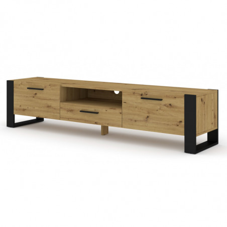 Meuble TV Nuka avec 3 portes en bois - Beige et noir - L 200 x P 43 x H 48 cm