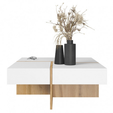 Table basse au design géométrique avec 4 compartiments - Blanc et beige - L 85 x P 85 x H 40 cm