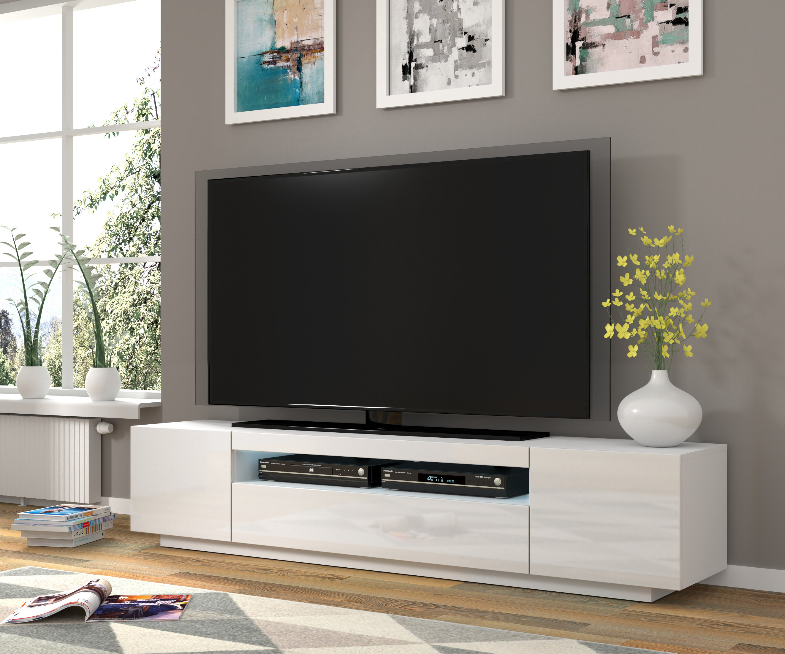 Meuble TV Aura avec 3 portes - Blanc brillant - L 200 x P 37 x H 36-42 cm