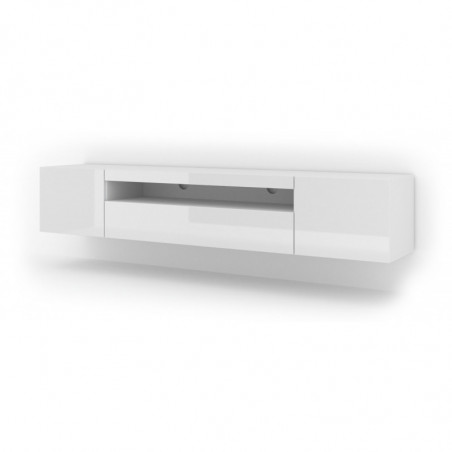 Meuble TV Aura avec 3 portes en bois avec LED - Blanc brillant - L 200 x P 37 x H 36-42 cm