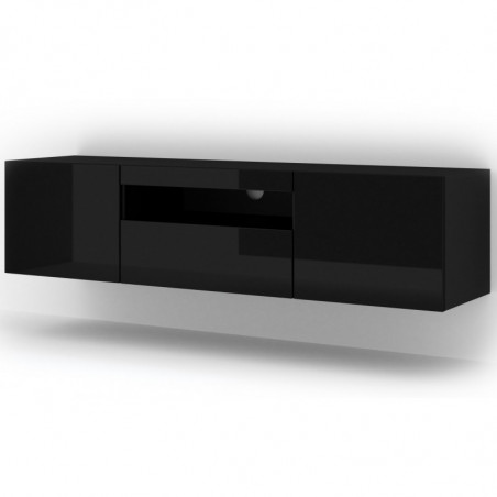 Meuble TV Aura avec 3 portes en bois avec LED - Noir brillant - L 150 x P 37 x H 36-42 cm