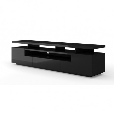 Meuble TV Eva avec 2 portes + 1 niches + 1 tiroir en bois avec LED - Noir brillant - L 180 x P 42 x H 51 cm