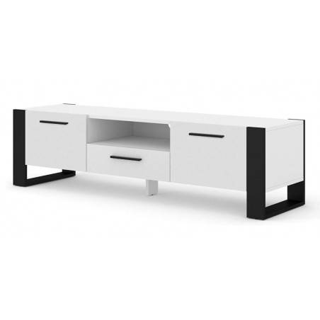 Meuble TV Nuka avec 3 portes en bois - Blanc et noir - L 160 x P 43 x H 48 cm