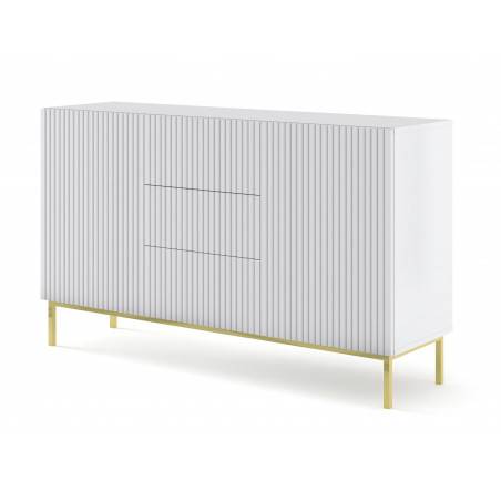 Commode Ravenna avec 2 portes + 3 tiroirs en bois et cadre doré - Blanc mat - L 150 x P 42 x H 89 cm