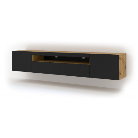 Meuble TV Aura avec 3 portes - Noir mat et beige - L 200 x P 37 x H 36-42 cm