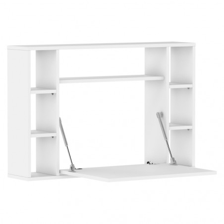 Bureau suspendu Muse avec 7 étagères en bois- Blanc mat - L 94 x P 20/62 x H 62 cm