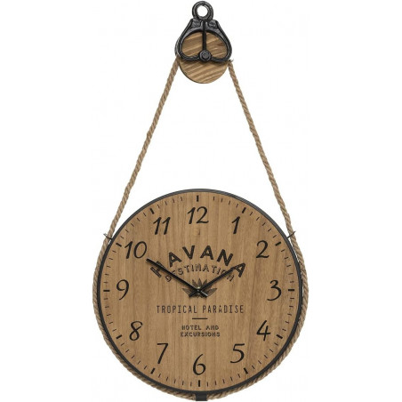 Horloge à poulie Cuba à suspendre en bois et métal - Beige et noir - D 38 x H 5 cm
