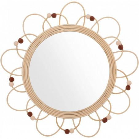 Miroir mural en rotin avec pompoms - Beige - D 38 cm