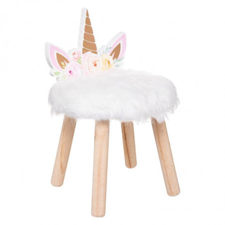 Tabouret licorne en fausse fourrure - Blanc - D 27 x H 40 cm