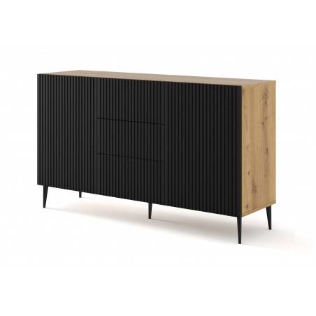 Commode Ravenna avec 2 portes + 3 tiroirs en bois et pieds noirs - Noir et beige - L 150 x P 42 x H 87 cm