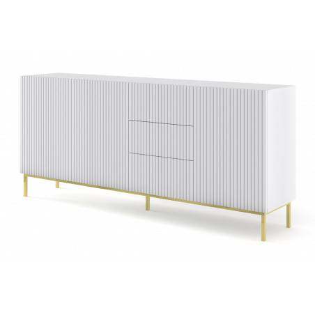 Commode Ravenna avec 3 portes + 3 tiroirs en bois et cadre doré - Blanc mat - L 200 x P 42 x H 89 cm