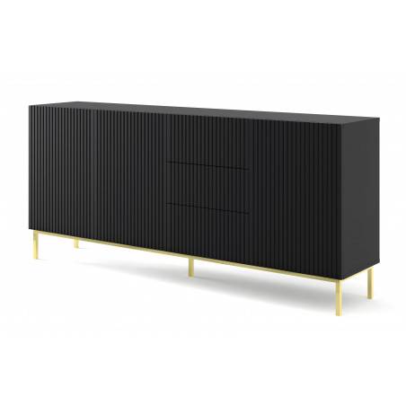 Commode Ravenna avec 3 portes + 3 tiroirs en bois et cadre doré - Noir mat - L 200 x P 42 x H 89 cm