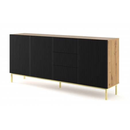 Commode Ravenna avec 3 portes + 3 tiroirs en bois et cadre doré - Noir et beige - L 200 x P 42 x H 89 cm