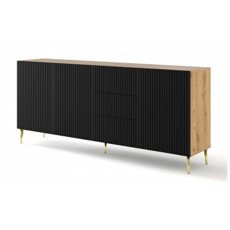 Commode Ravenna avec 3 portes + 3 tiroirs en bois et pieds doré - Noir et beige - L 200 x P 42 x H 87 cm