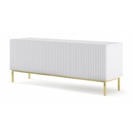 Meuble TV Ravenna avec 3 portes en bois et cadre doré - Blanc mat - L 150 x P 42 x H 58 cm