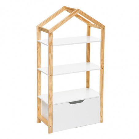 Bibliothèque pour enfant en bois avec 3 étagères et 1 tiroir de rangement - Blanc et Beige - L 60 x P 30 x H 120,5 cm