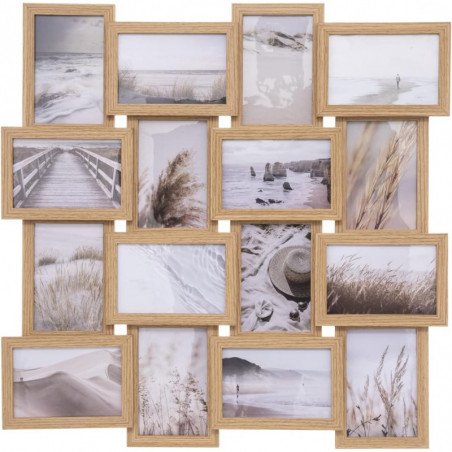 Cadre pêle-mêle à suspendre avec 16 photos en bois - Beige - L 58 x H 58 cm