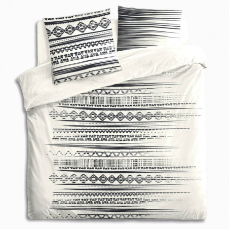 Parure de lit en coton motif ethnique 2 personnes - Noir et blanc - 240 x 220 cm