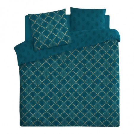 Parure de lit en coton imprimée végétal 2 personnes - Bleu canard et Doré - 240 x 220 cm