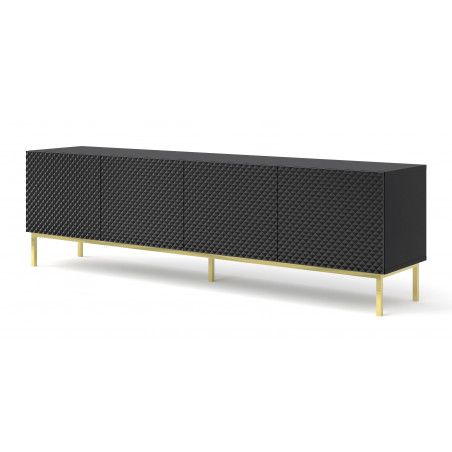 Meuble TV Ravenna avec 4 portes en bois et cadre doré - Noir brillant - L 200 x P 42 x H 58 cm